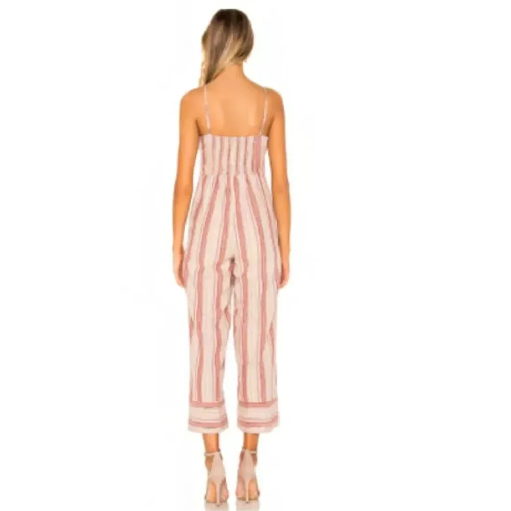 Revolve J.O.A. Striped Linen Tie Front Wide Leg Jumpsuit XS Euro Summer Cottage